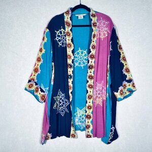 Ulla Popken Top Womens XL Blue Color Block Kimono Blouse Boho